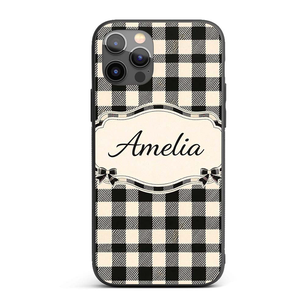 Fine Line Gingham Black Cream Textured Check Custom Name Protective Phone Case Mobile Cover Durable Everyday Smartphone Shock Resistant