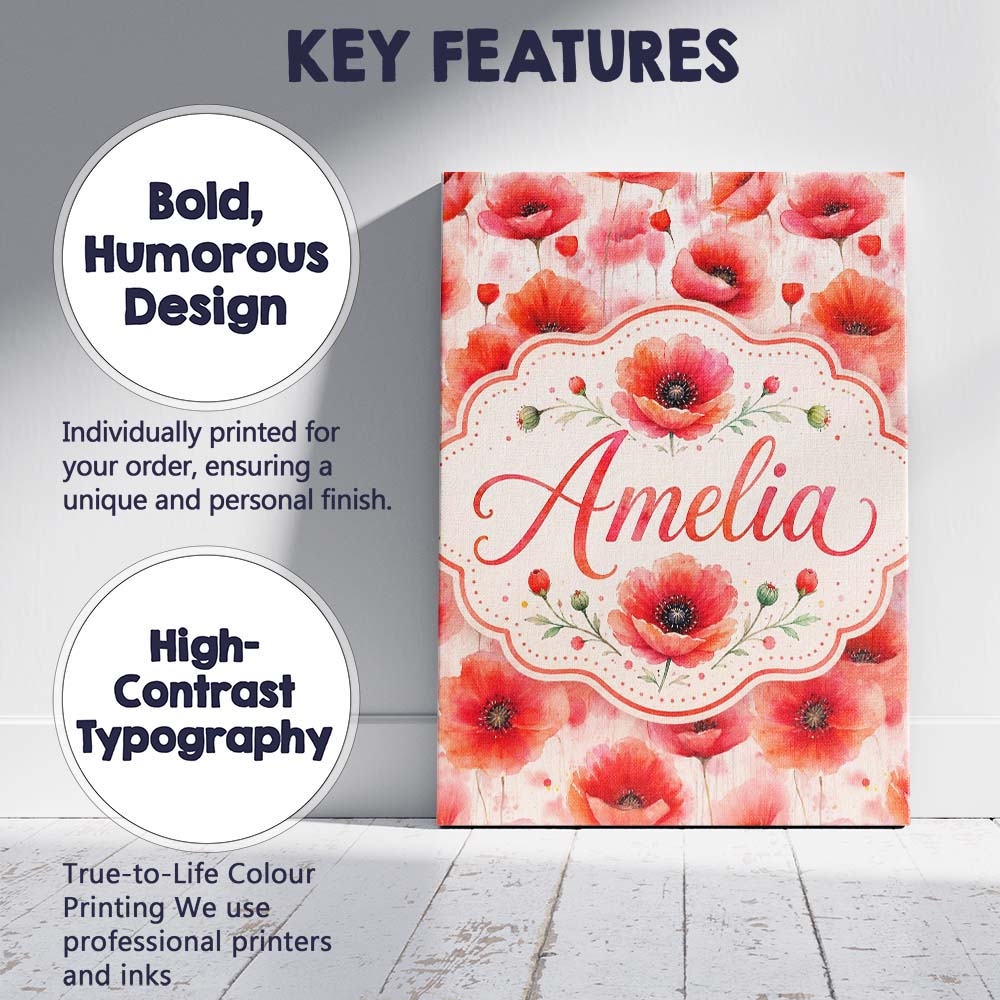 Personalised Name Light Pastel Poppy Custom Premium Decorative Design Modern Room Accent Canvas Wall Art Print Decor Picture Ready to Hang
