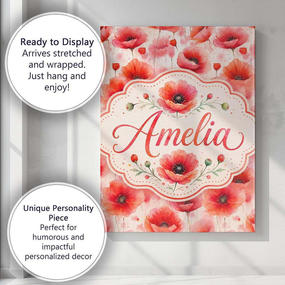 Personalised Name Light Pastel Poppy Custom Premium Decorative Design Modern Room Accent Canvas Wall Art Print Decor Picture Ready to Hang