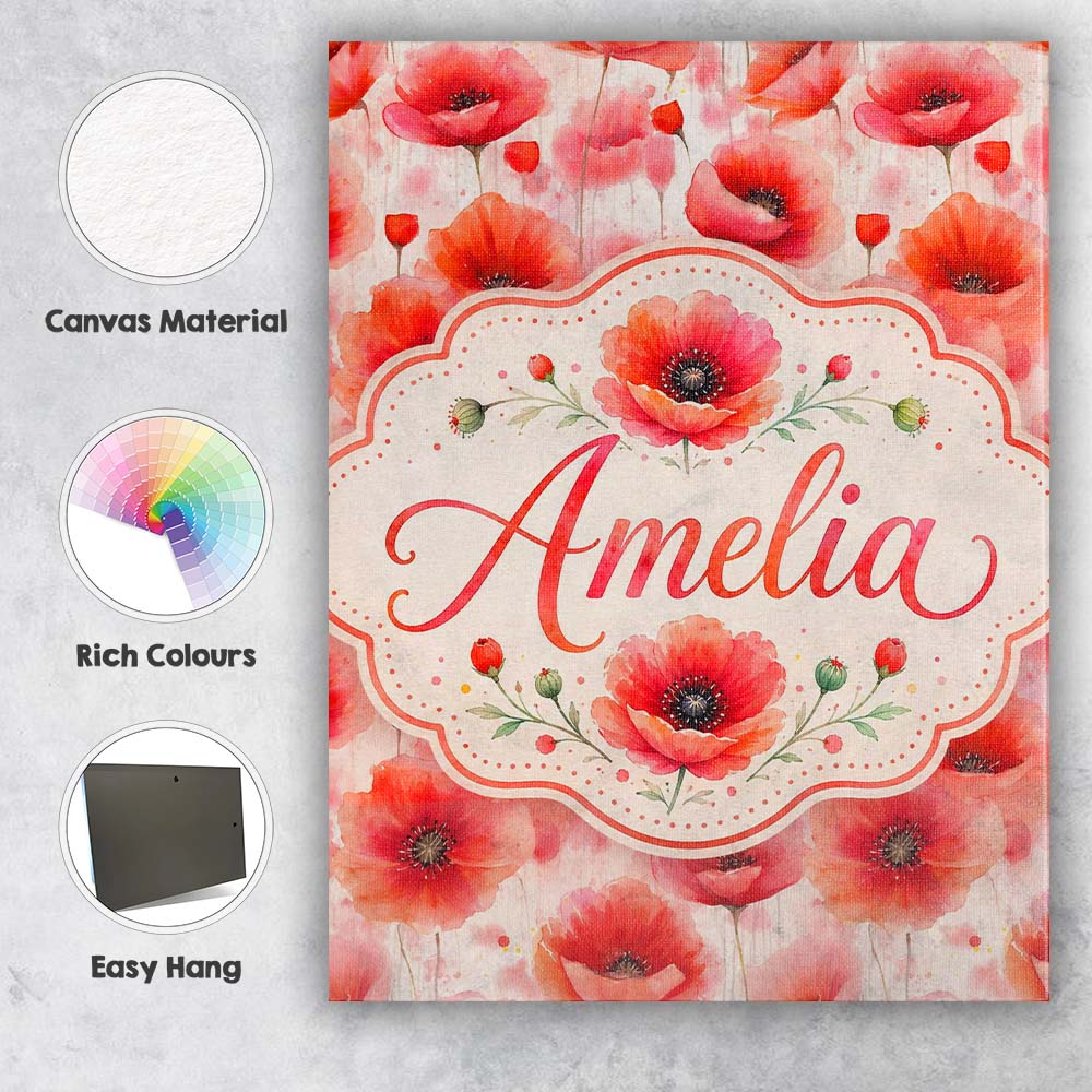 Personalised Name Light Pastel Poppy Custom Premium Decorative Design Modern Room Accent Canvas Wall Art Print Decor Picture Ready to Hang