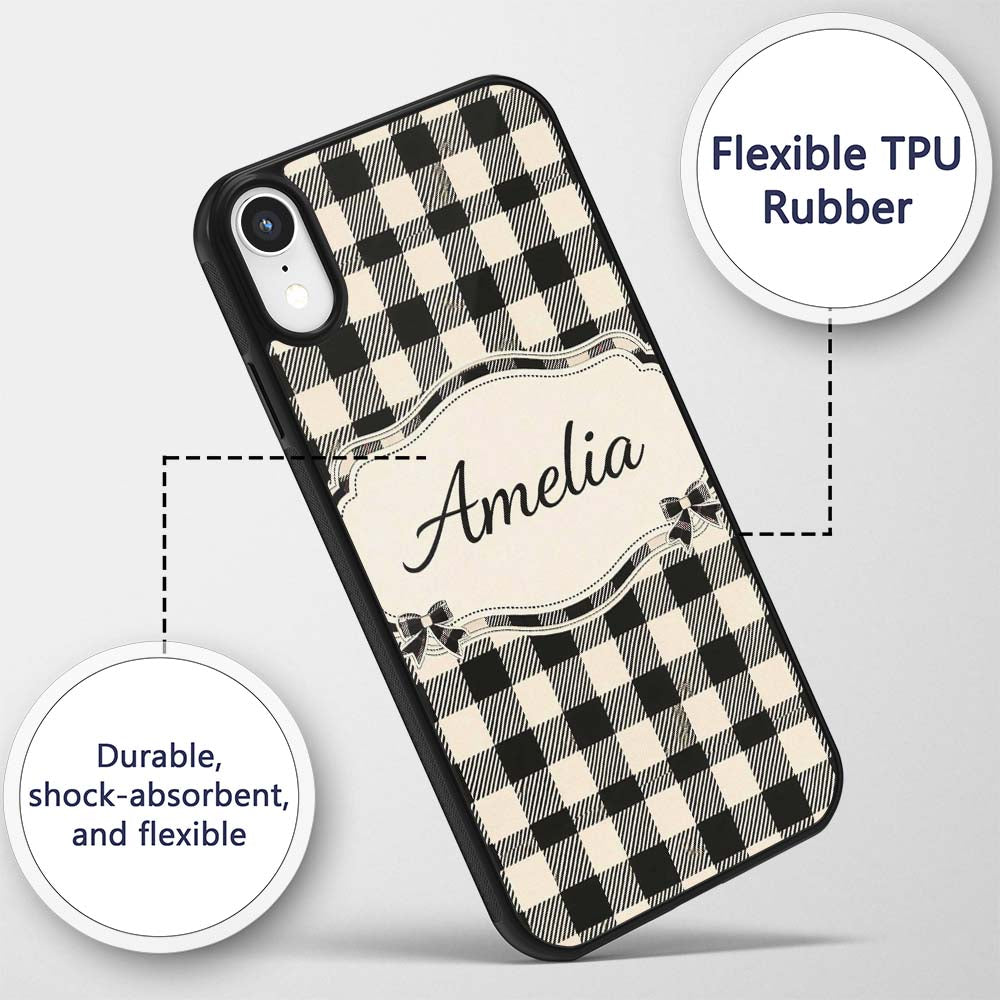 Fine Line Gingham Black Cream Textured Check Custom Name Protective Phone Case Mobile Cover Durable Everyday Smartphone Shock Resistant