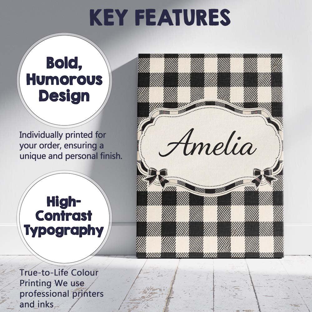 Personalised Name Fine Line Gingham Black Cream Textured Check Custom Modern Room Accent Canvas Wall Art Print Decor Picture Ready to Hang