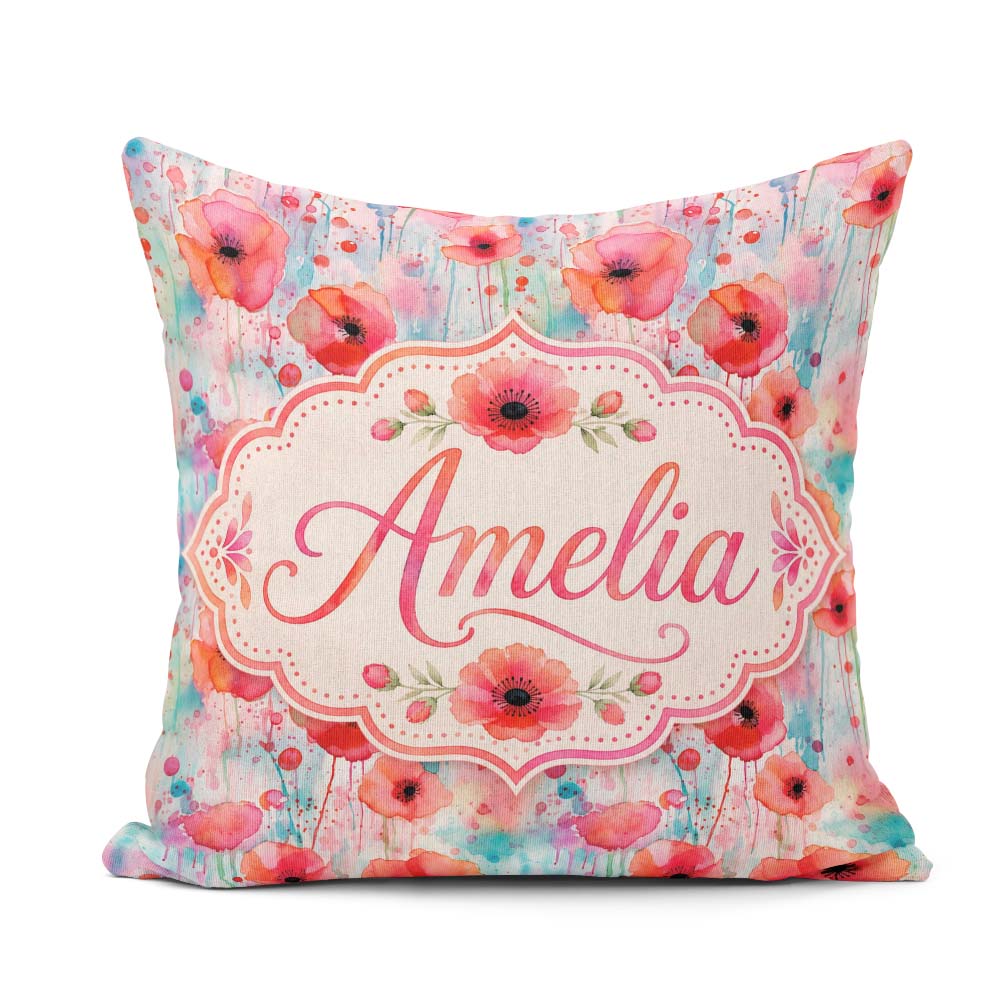 Custom Name Dreamy Watercolor Poppy with Dripping Paint Seamless Square Filled Cushion Throw Pillow Sofa Bed Home Decor Zip Washable UK Made