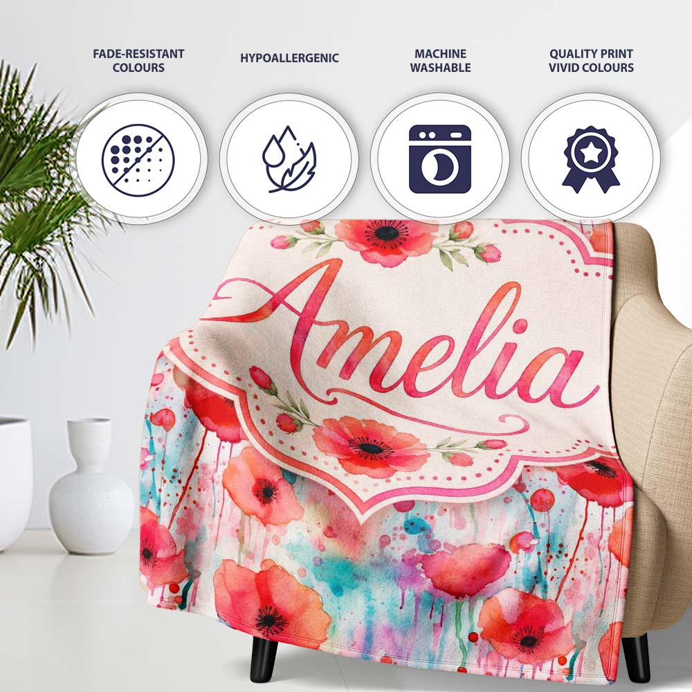 Dreamy Watercolor Poppy Flowers with Dripping Paint Seamless Pattern Personalised Custom Name Super Soft Fleece Blanket Bed Sofa Throw