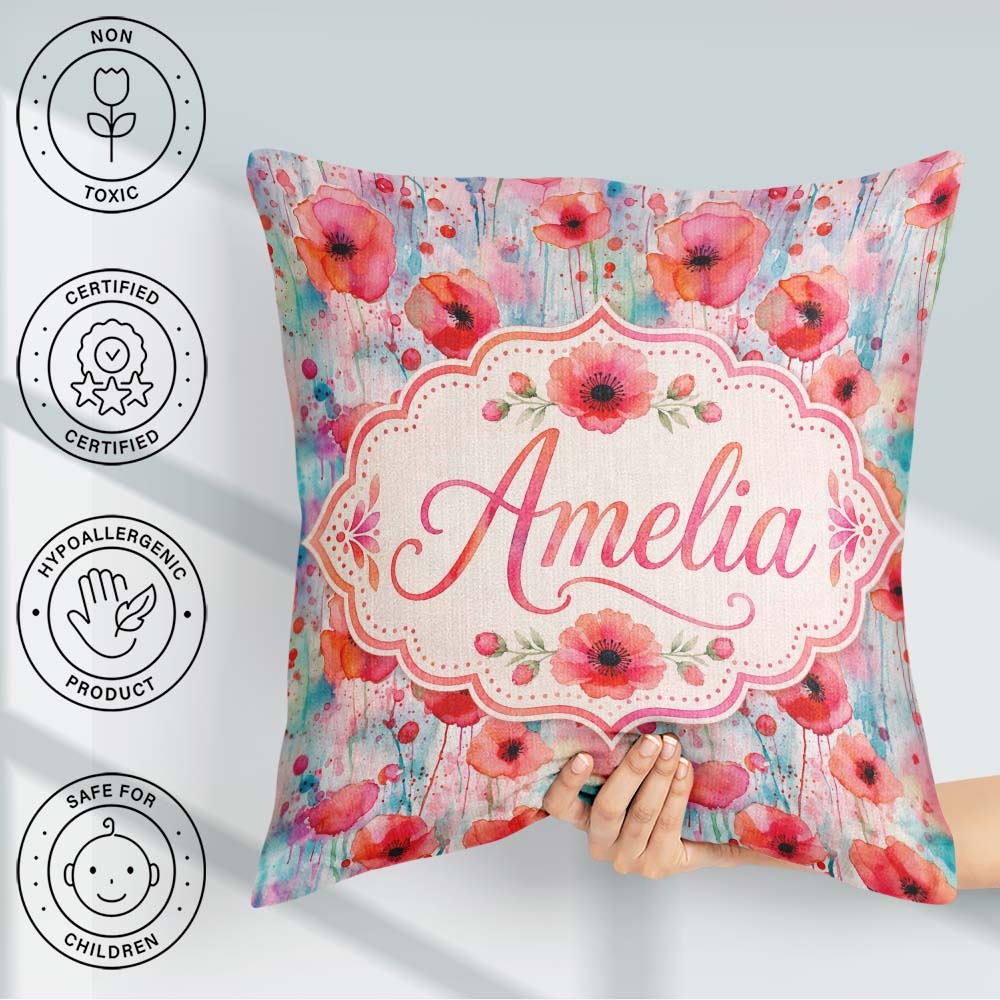 Custom Name Dreamy Watercolor Poppy with Dripping Paint Seamless Square Filled Cushion Throw Pillow Sofa Bed Home Decor Zip Washable UK Made
