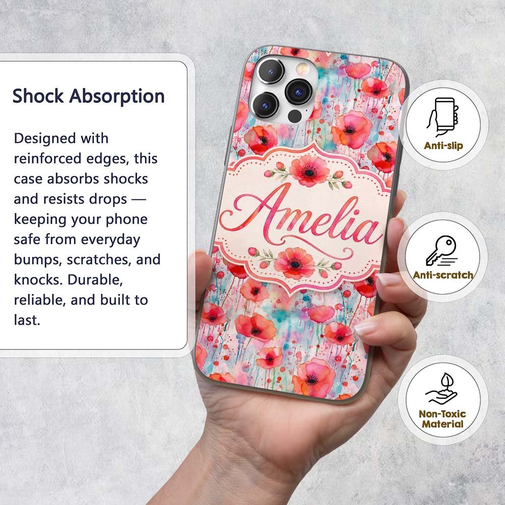 Dreamy Watercolor Poppy Flowers with Dripping Custom Name Protective Phone Case Mobile Cover Durable Everyday Smartphone Shock Resistant