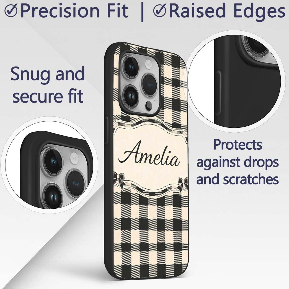 Fine Line Gingham Black Cream Textured Check Custom Name Protective Phone Case Mobile Cover Durable Everyday Smartphone Shock Resistant