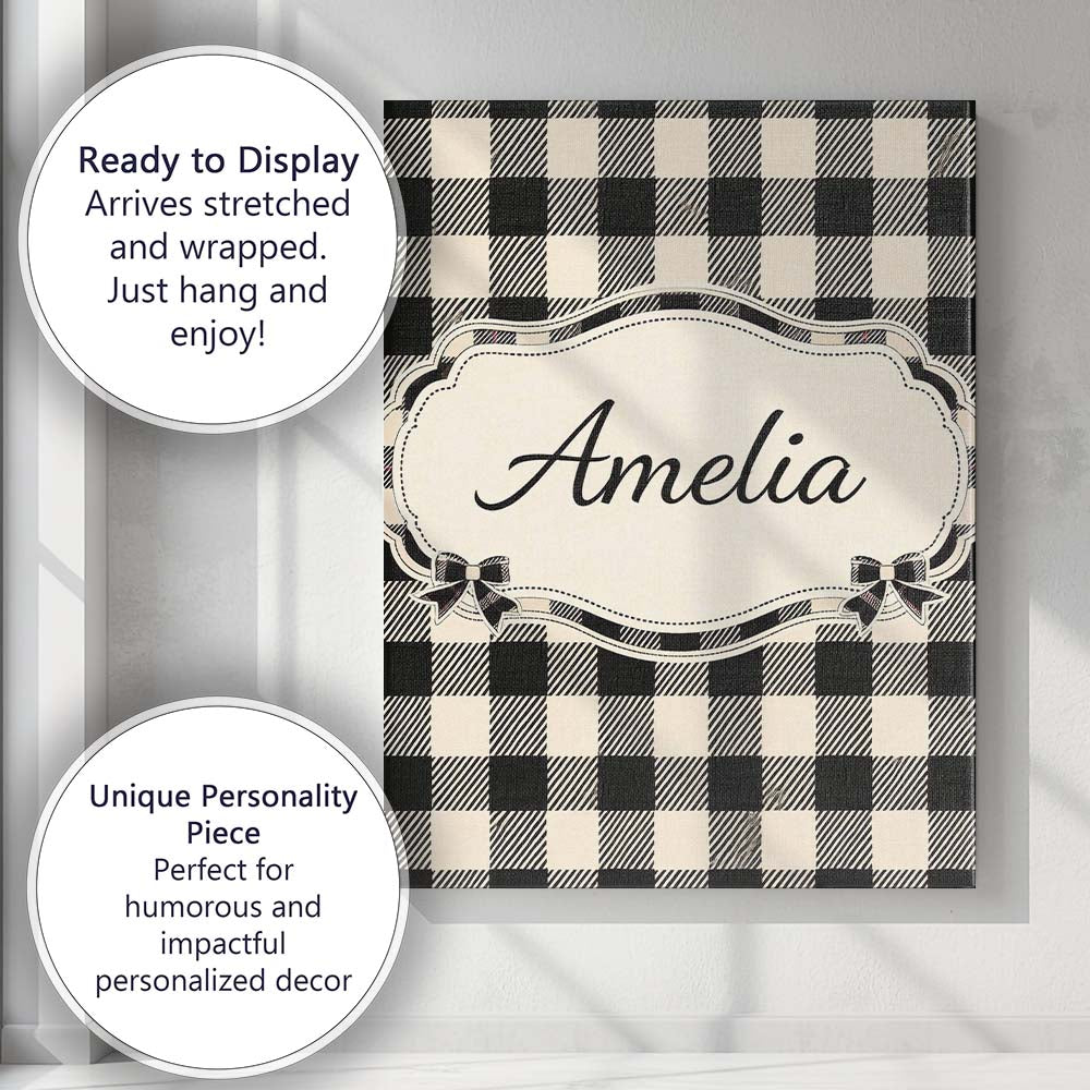 Personalised Name Fine Line Gingham Black Cream Textured Check Custom Modern Room Accent Canvas Wall Art Print Decor Picture Ready to Hang