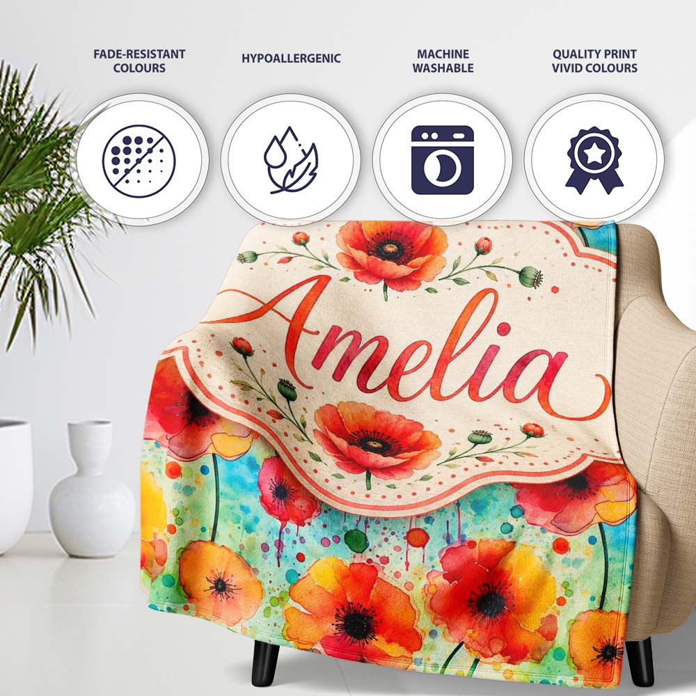 Colorful Watercolor Poppy Garden Artistic Seamless Pattern Lovely Personalised Custom Name Super Soft Fleece Blanket Bed Sofa Throw