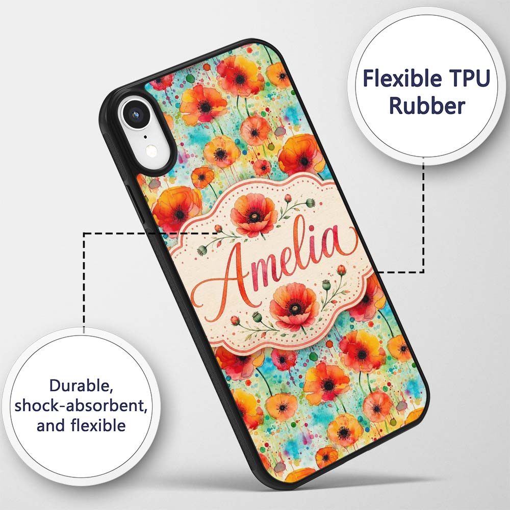 Colorful Watercolor Poppy Garden Printed Design Custom Name Protective Phone Case Mobile Cover Durable Everyday Smartphone Shock Resistant