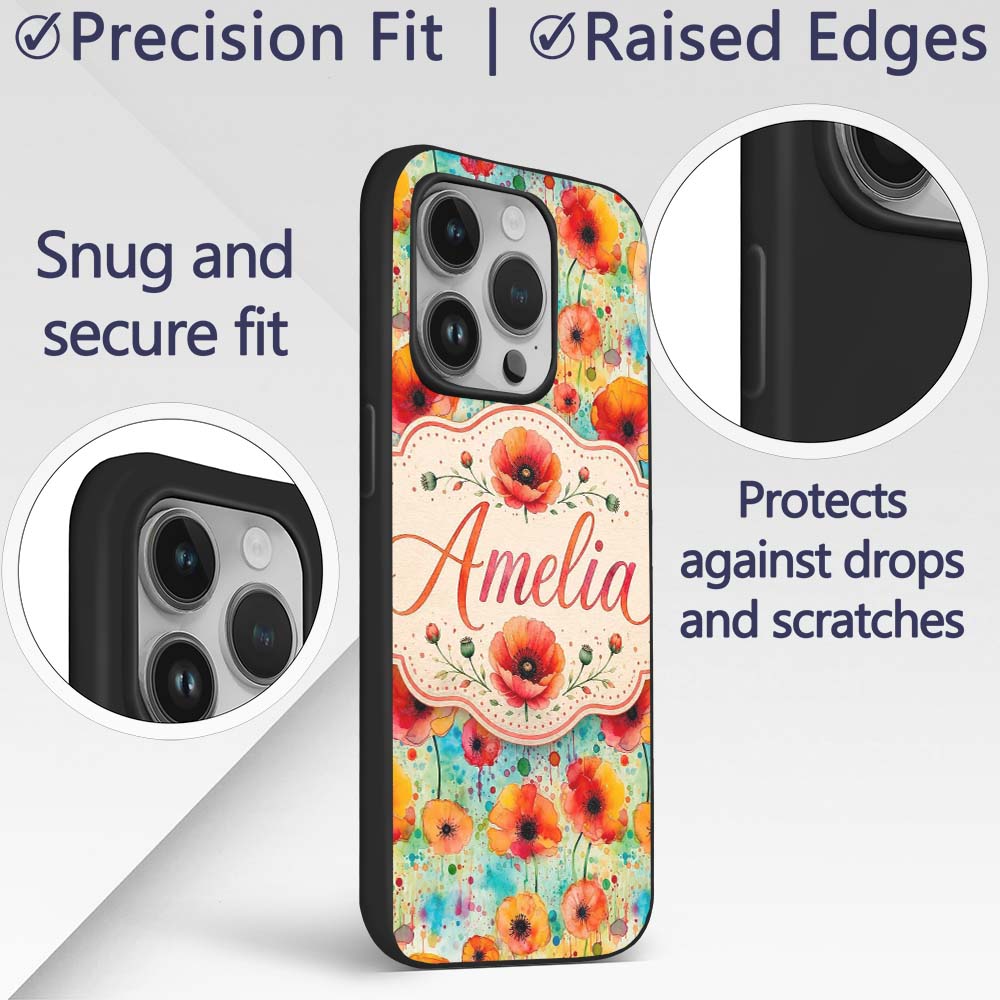 Colorful Watercolor Poppy Garden Printed Design Custom Name Protective Phone Case Mobile Cover Durable Everyday Smartphone Shock Resistant