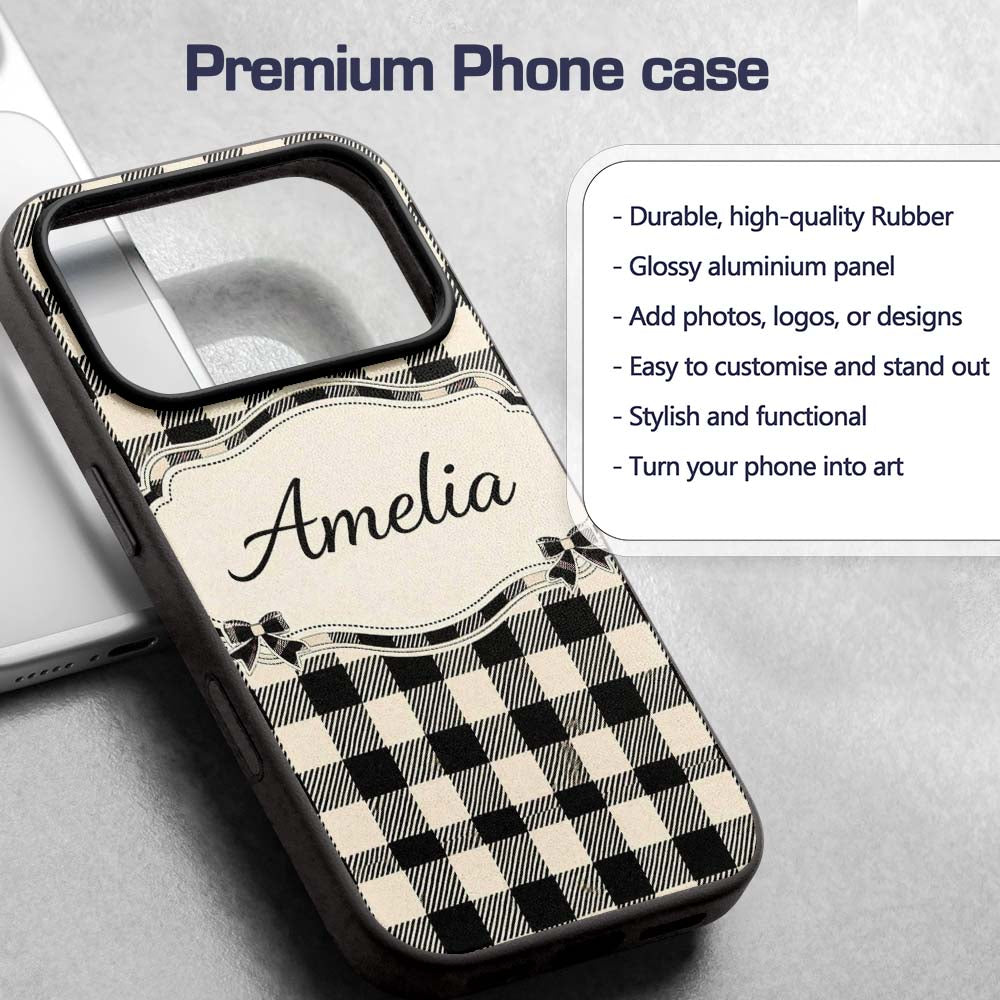 Fine Line Gingham Black Cream Textured Check Custom Name Protective Phone Case Mobile Cover Durable Everyday Smartphone Shock Resistant