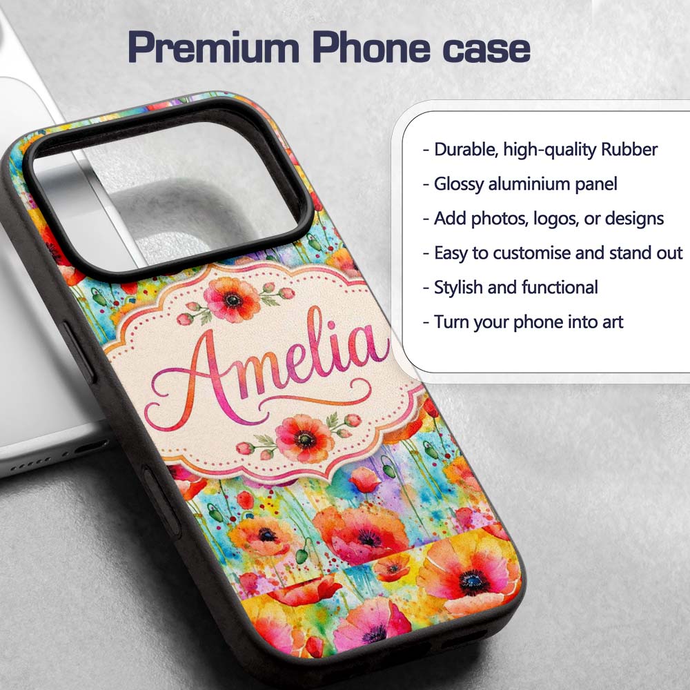 Bright Watercolor Poppy Flowers with Color Splash Custom Name Protective Phone Case Mobile Cover Durable Everyday Smartphone Shock Resistant