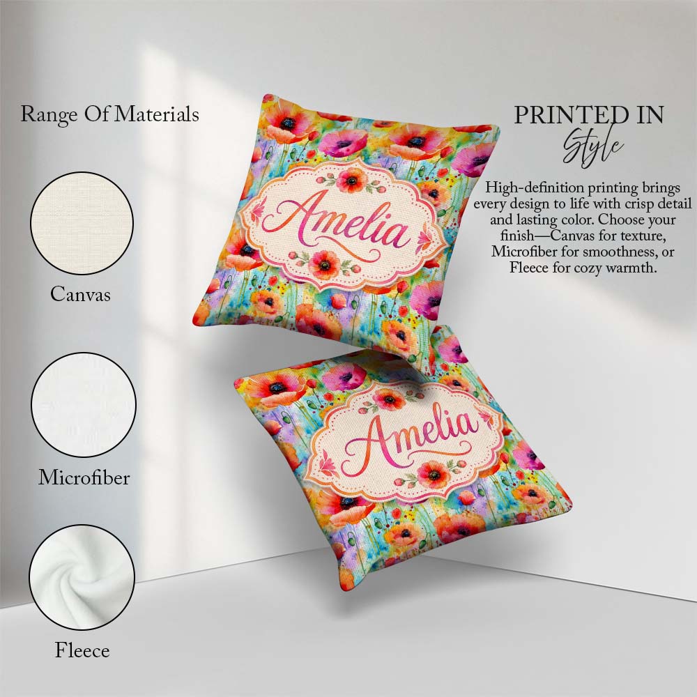 Custom Name Bright Watercolor Poppy Flowers with Splash Seamless Square Filled Cushion Throw Pillow Sofa Bed Home Decor Zip Washable UK Made
