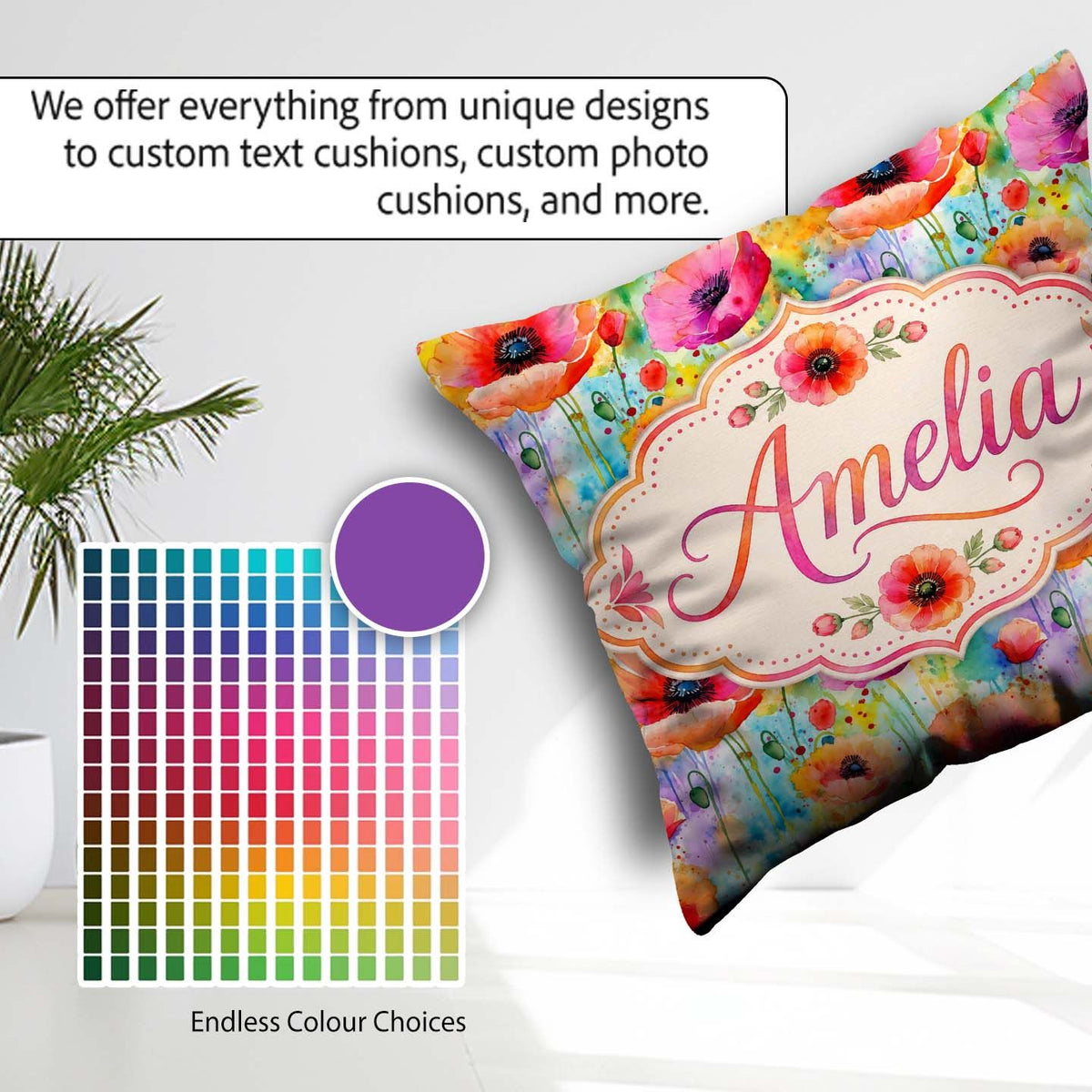 Custom Name Bright Watercolor Poppy Flowers with Splash Seamless Square Filled Cushion Throw Pillow Sofa Bed Home Decor Zip Washable UK Made
