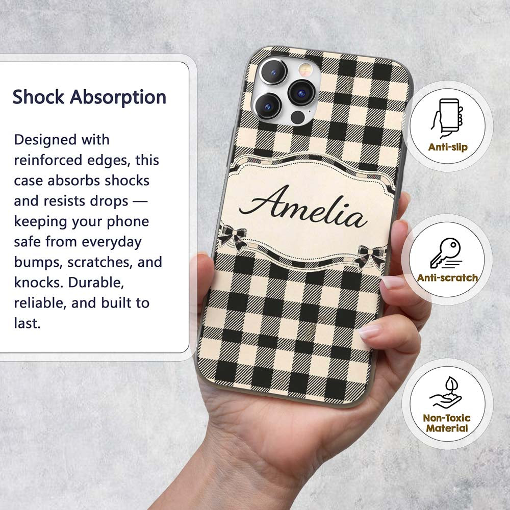 Fine Line Gingham Black Cream Textured Check Custom Name Protective Phone Case Mobile Cover Durable Everyday Smartphone Shock Resistant