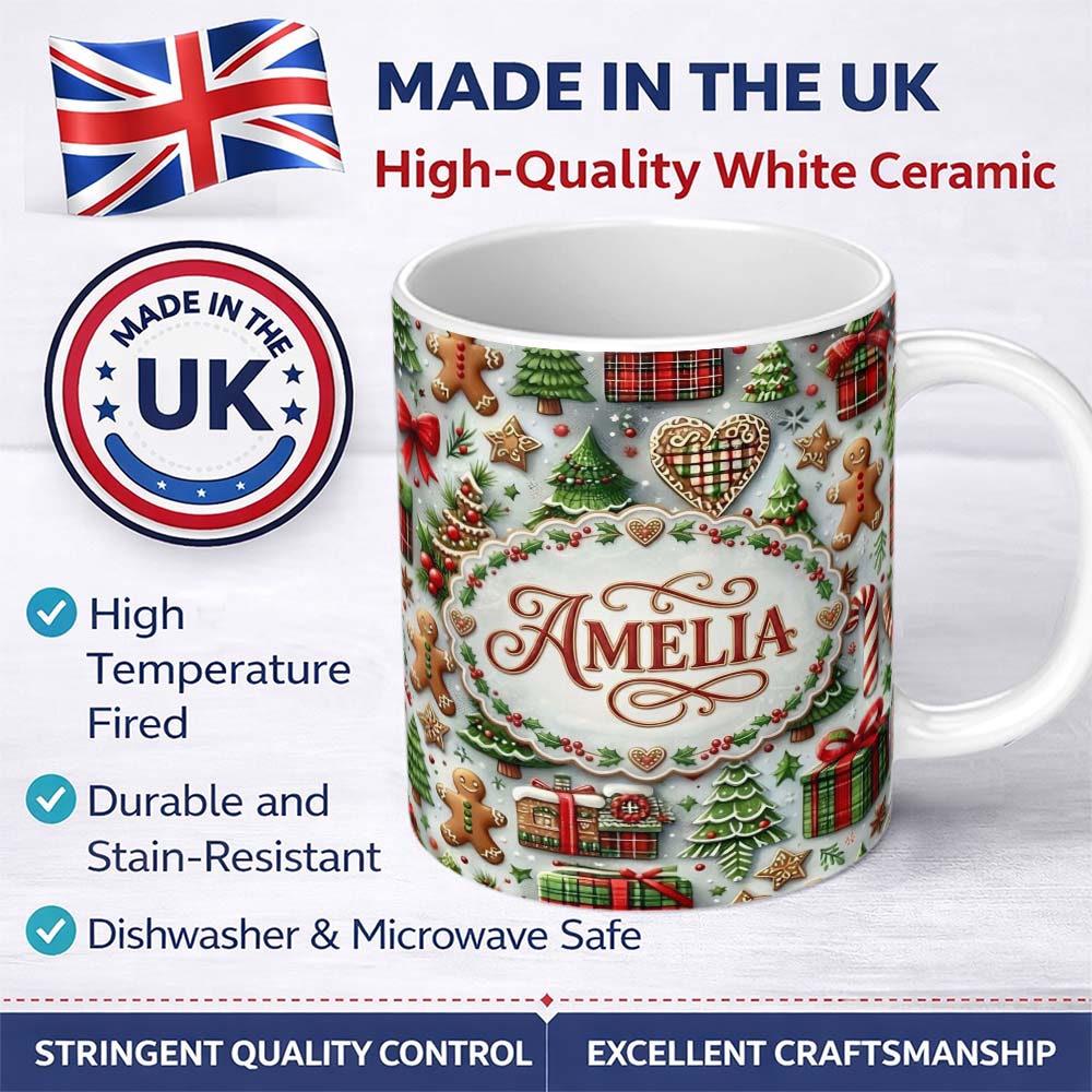 Personalized Custom Name Christmas Gingerbread House Tree Cookie Festive Seamless Pattern 11oz Ceramic Coffee Tea Mug White Large Handle