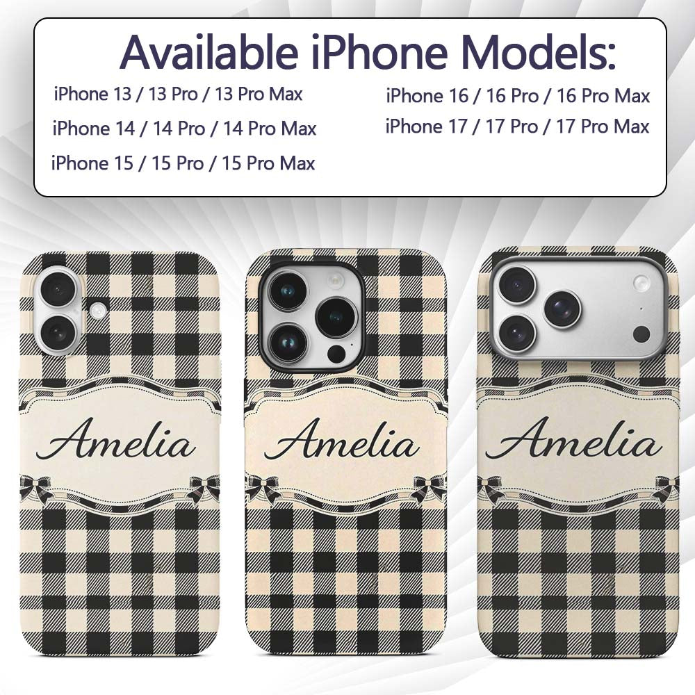 Fine Line Gingham Black Cream Textured Check Custom Name Protective Phone Case Mobile Cover Durable Everyday Smartphone Shock Resistant