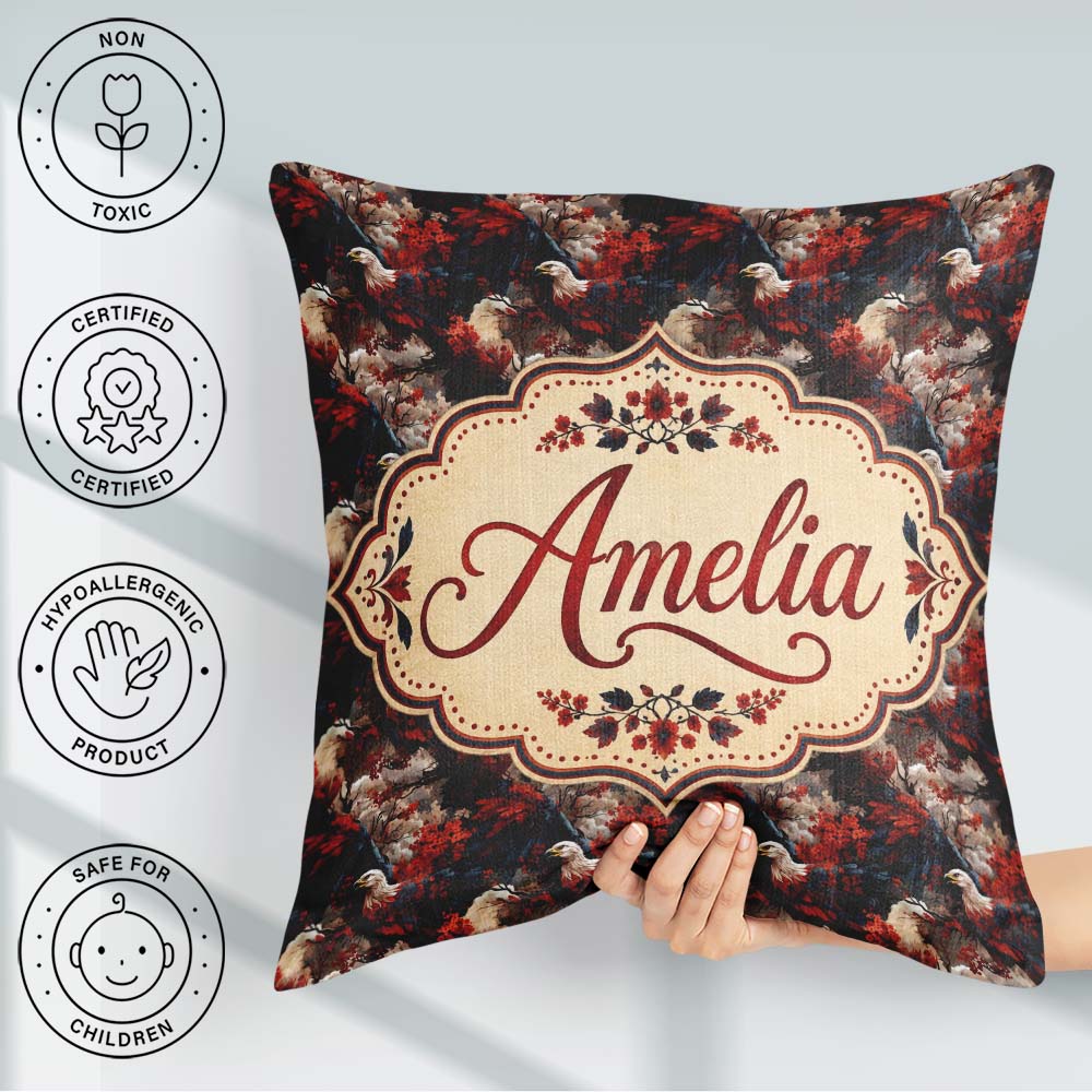 Custom Name Majestic Bald Eagle with Red Blossoms Pattern Lovely Square Filled Cushion Throw Pillow Sofa Bed Home Decor Zip Washable UK Made