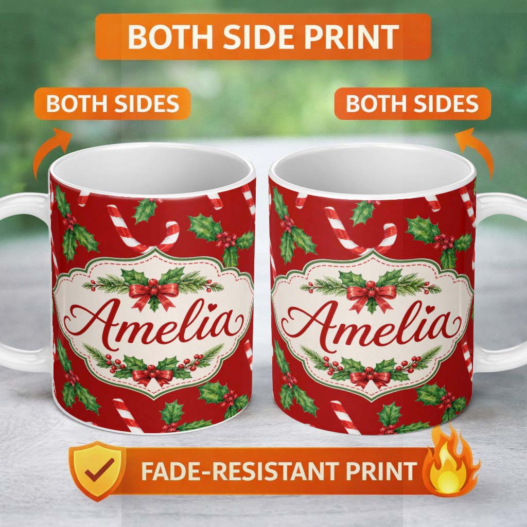 Personalized Custom Name Festive Candy Cane Holly Red Background Seamless Pattern Lovely 11oz Ceramic Coffee Tea Mug White Large Handle