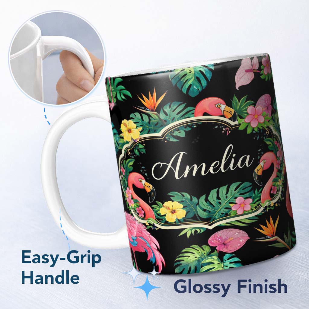 Personalized Custom Name Tropical Flamingo with Hibiscus Flowers and Leaves Black Background 11oz Ceramic Coffee Tea Mug White Large Handle