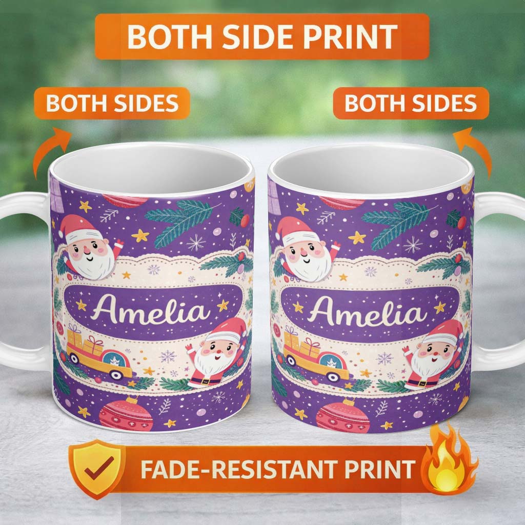 Personalized Custom Name Santa Sleigh Gifts Purple Christmas Festive Seamless Pattern Lovely 11oz Ceramic Coffee Tea Mug White Large Handle