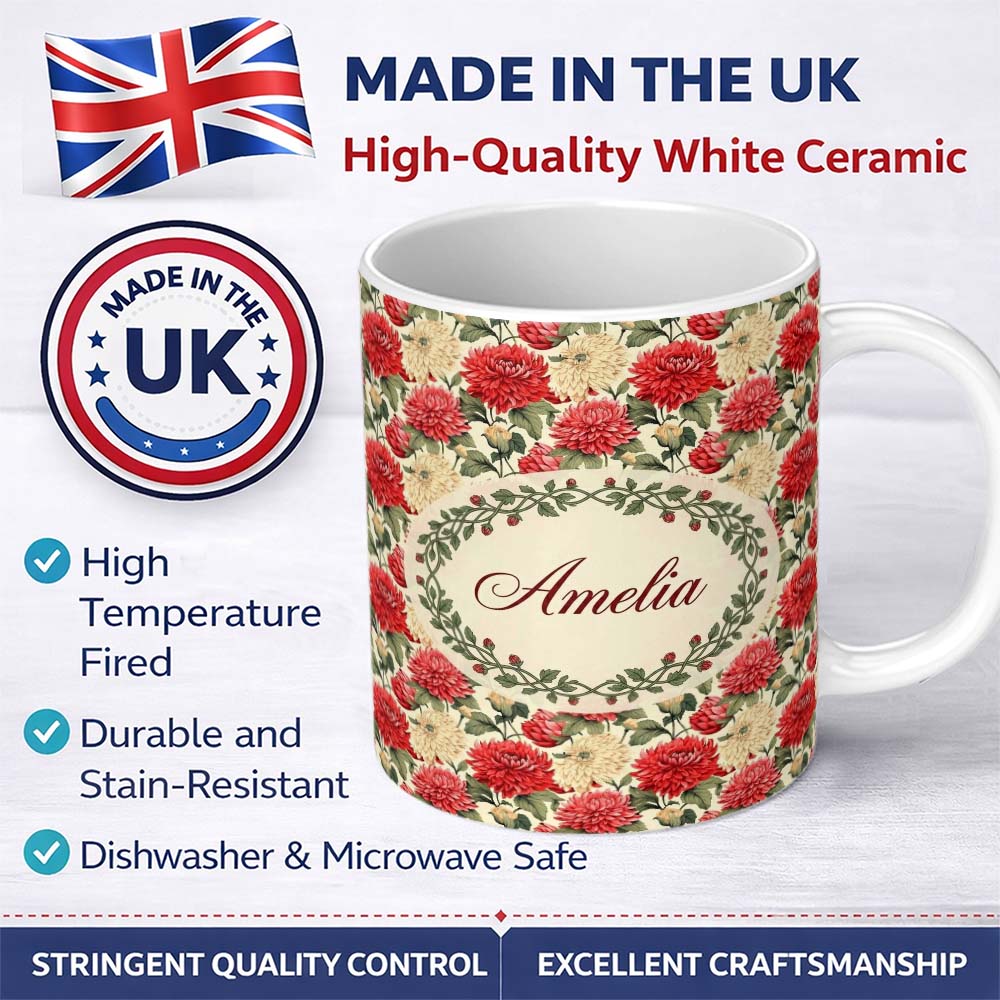 Personalized Custom Name Red and Cream Chrysanthemum Floral Garden Seamless Pattern Lovely 11oz Ceramic Coffee Tea Mug White Large Handle