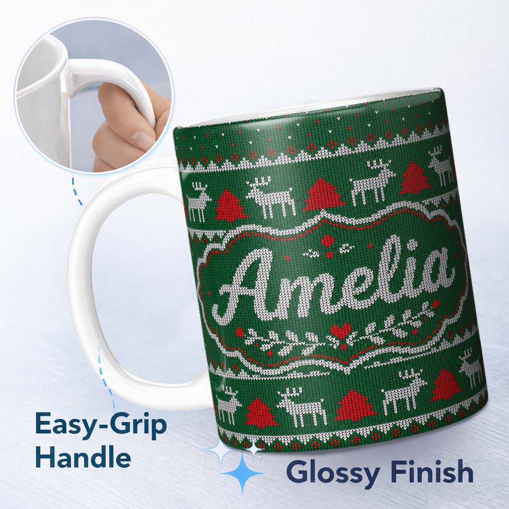 Personalized Custom Name Green Knitted Christmas Reindeer Fair Isle Seamless Pattern Lovely 11oz Ceramic Coffee Tea Mug White Large Handle