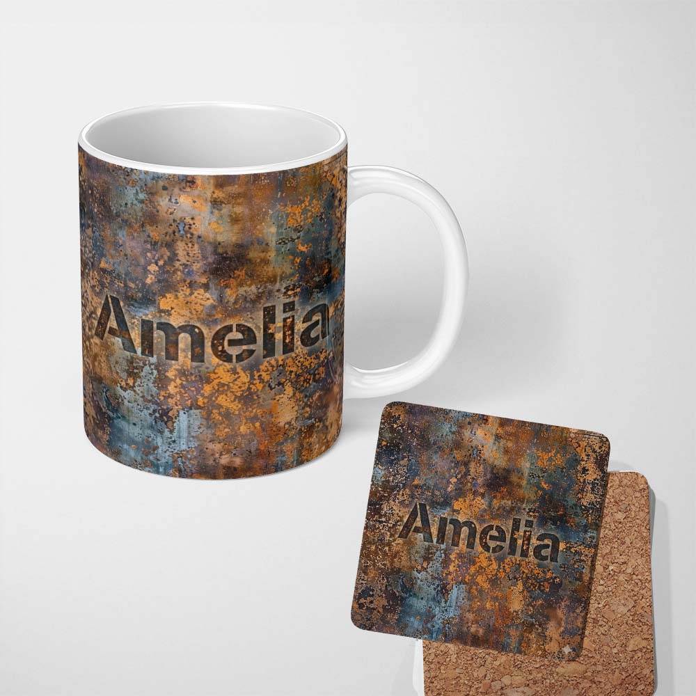 Personalized Custom Name Distressed Metal Rust Pattern with Gold Accents Seamless Grunge 11oz Ceramic Coffee Tea Mug White Large Handle