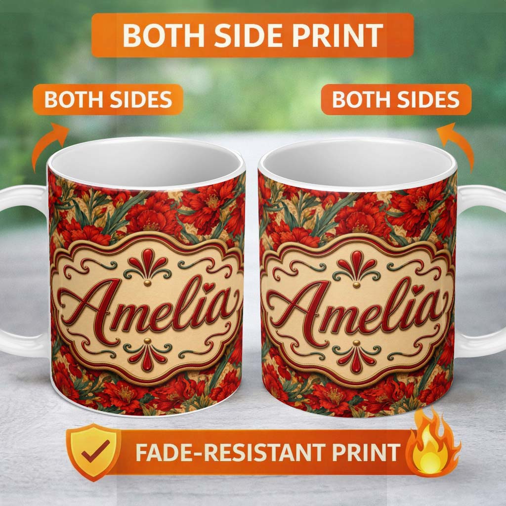 Personalized Custom Name Vintage Red Lily Floral Beige Background Seamless Pattern Lovely 11oz Ceramic Coffee Tea Mug White Large Handle