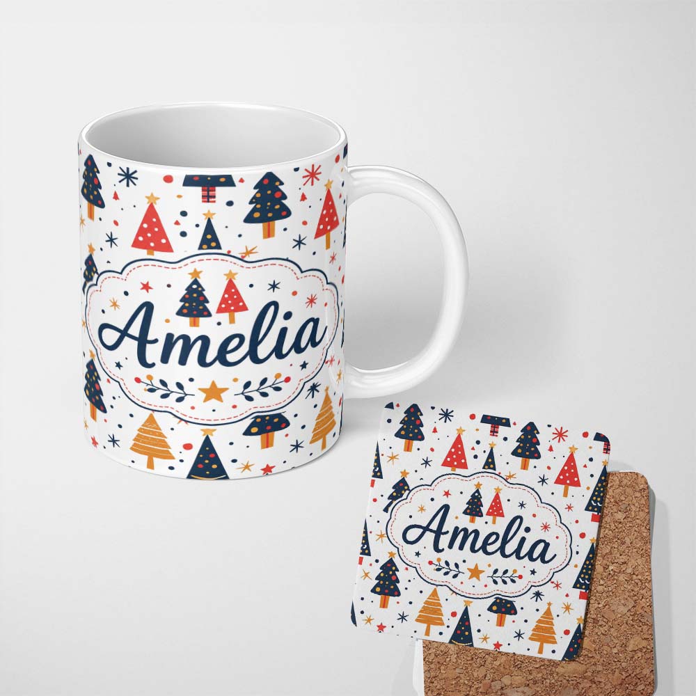 Personalized Custom Name Minimal Christmas Trees Red Blue Yellow Stars Modern Seamless Lovely 11oz Ceramic Coffee Tea Mug White Large Handle