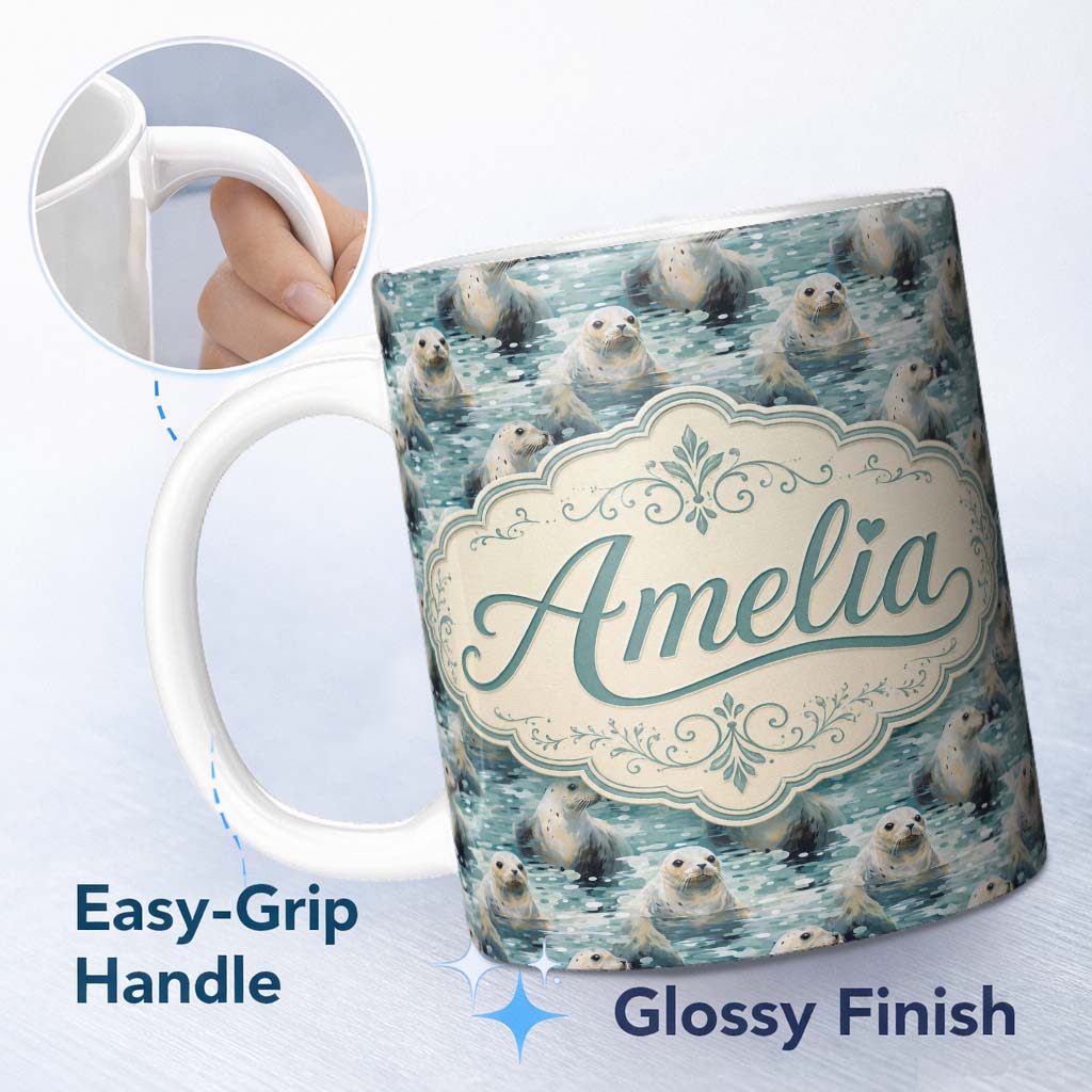 Personalized Custom Name Realistic Seals Swimming in Water Blue Ocean Texture Seamless Lovely 11oz Ceramic Coffee Tea Mug White Large Handle