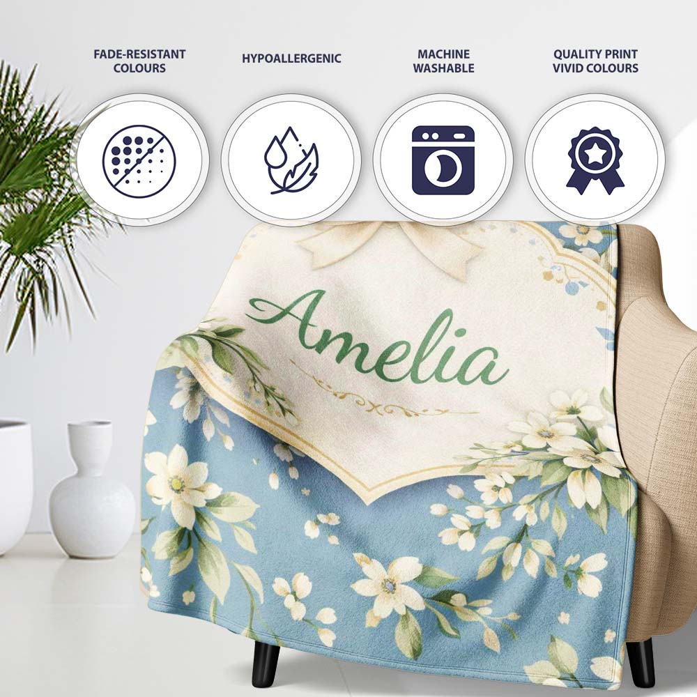 Soft White Floral Blossom Vintage Style Thoughtful Gift Idea Lovely Personalised Custom Name Super Soft Fleece Blanket Bed Sofa Throw