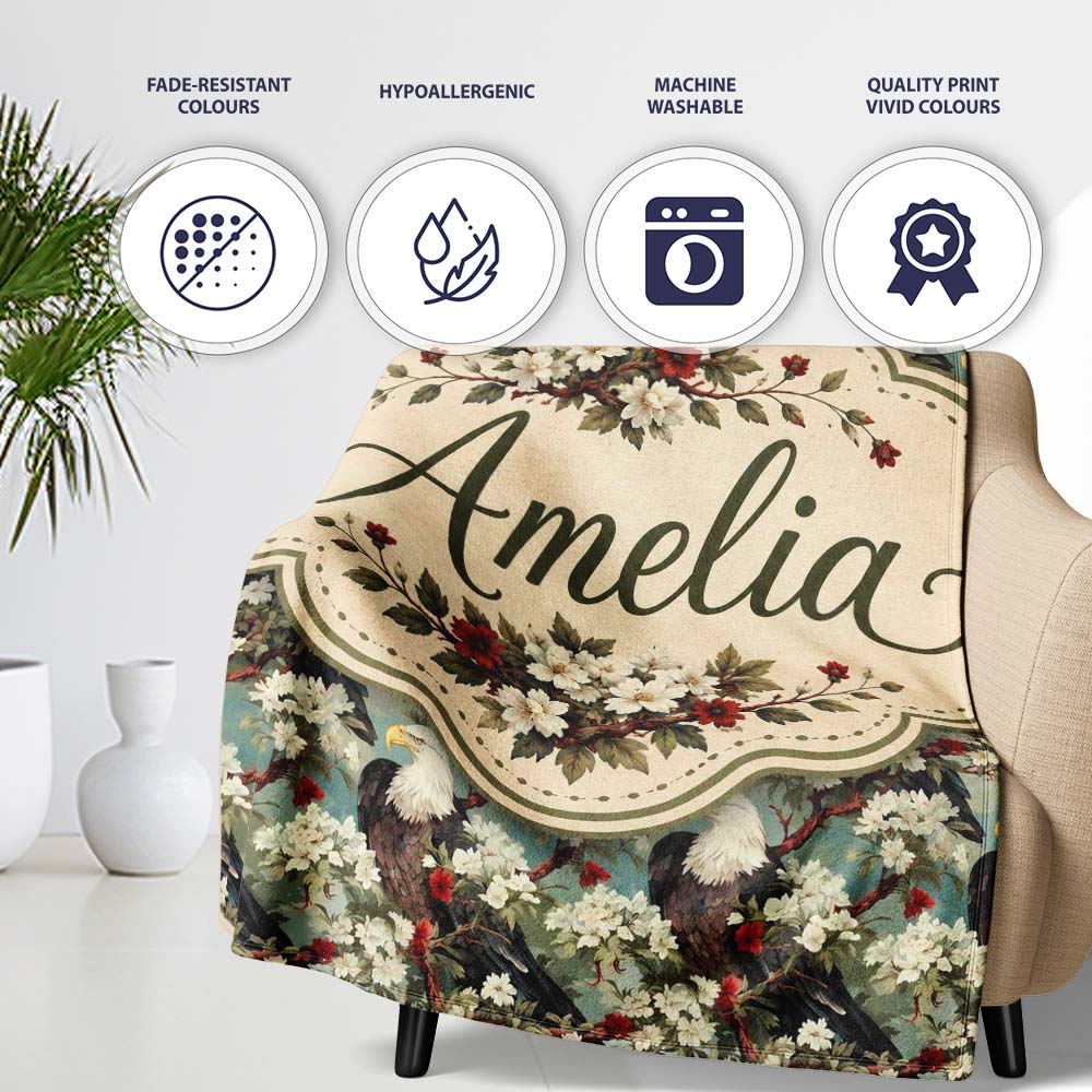 Realistic Bald Eagle on Floral Branch Seamless Pattern Lovely Personalised Custom Name Super Soft Fleece Blanket Bed Sofa Throw