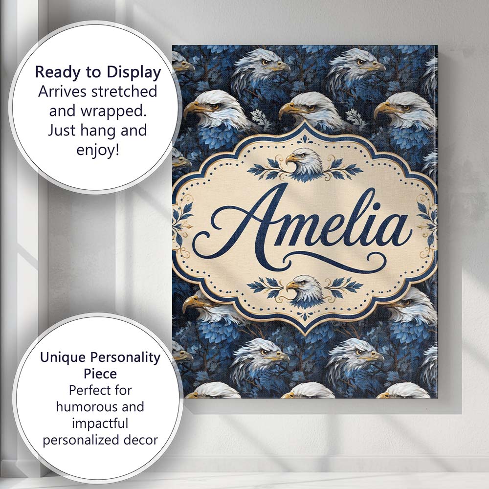 Personalised Name Detailed Blue Tone Eagle Custom Unique Gift Idea Elegant Feature Canvas Wall Art Print Decor Picture Ready to Hang
