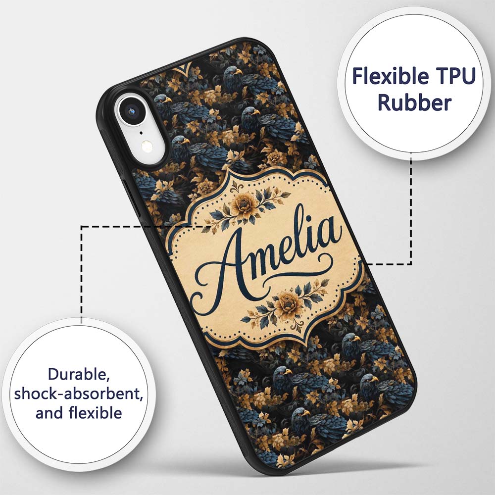 Dark Elegant Eagle with Floral Botanical Seamless Custom Name Protective Phone Case Mobile Cover Durable Everyday Smartphone Shock Resistant