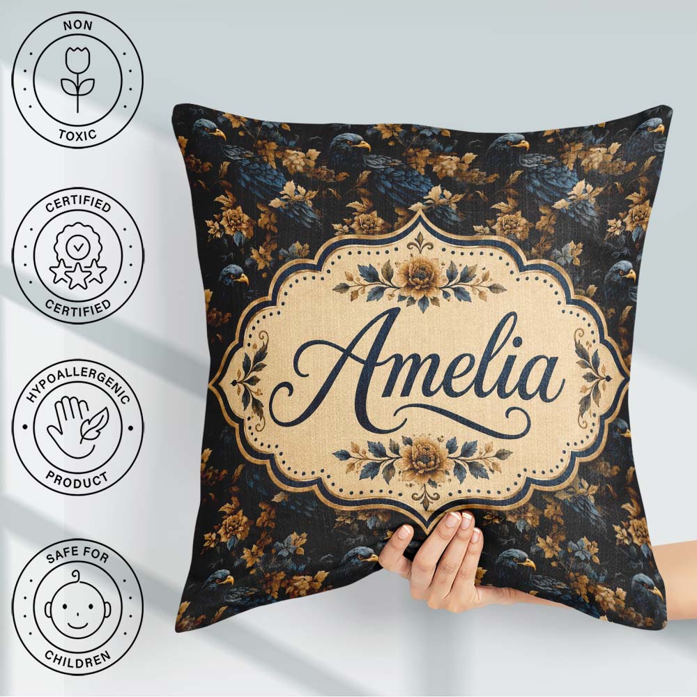 Custom Name Dark Elegant Eagle Floral Botanical Seamless Pattern Square Filled Cushion Throw Pillow Sofa Bed Home Decor Zip Washable UK Made