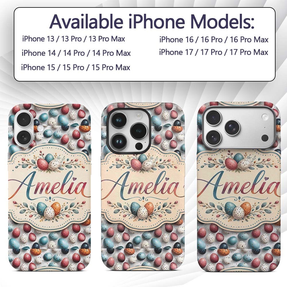 Colorful Speckled Easter Eggs on Light Background Custom Name Protective Phone Case Mobile Cover Durable Everyday Smartphone Shock Resistant