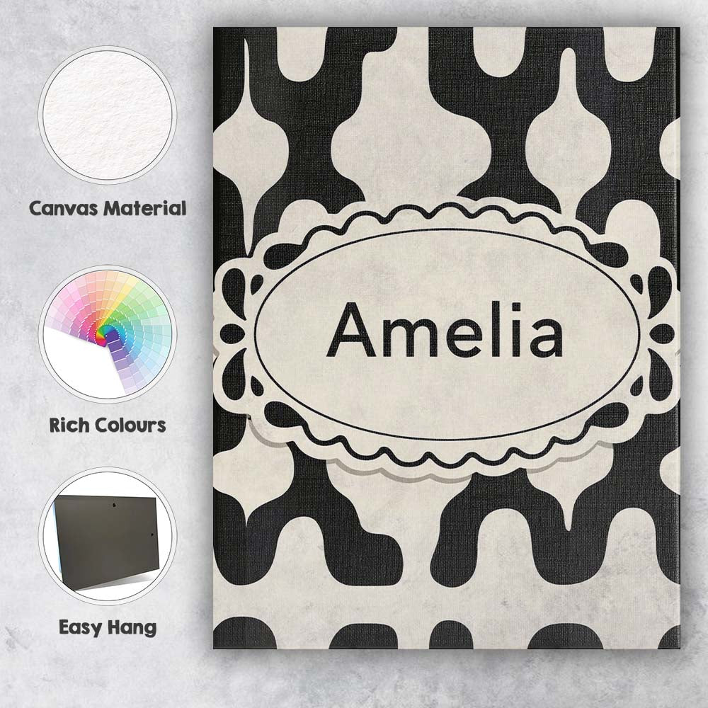 Personalised Name Retro Blob Shapes Black Cream Mid Century Abstract Custom Home Canvas Wall Art Print Decor Picture Ready to Hang