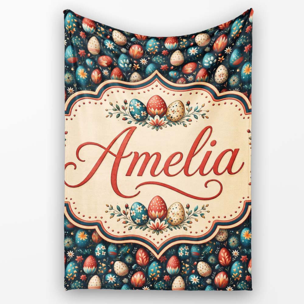 Elegant Floral Easter Eggs with Botanical Details Seamless Pattern Personalised Custom Name Super Soft Fleece Blanket Bed Sofa Throw