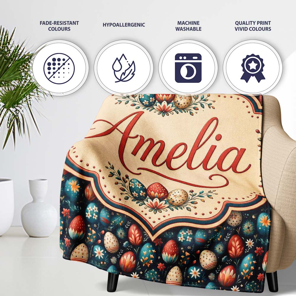 Elegant Floral Easter Eggs with Botanical Details Seamless Pattern Personalised Custom Name Super Soft Fleece Blanket Bed Sofa Throw