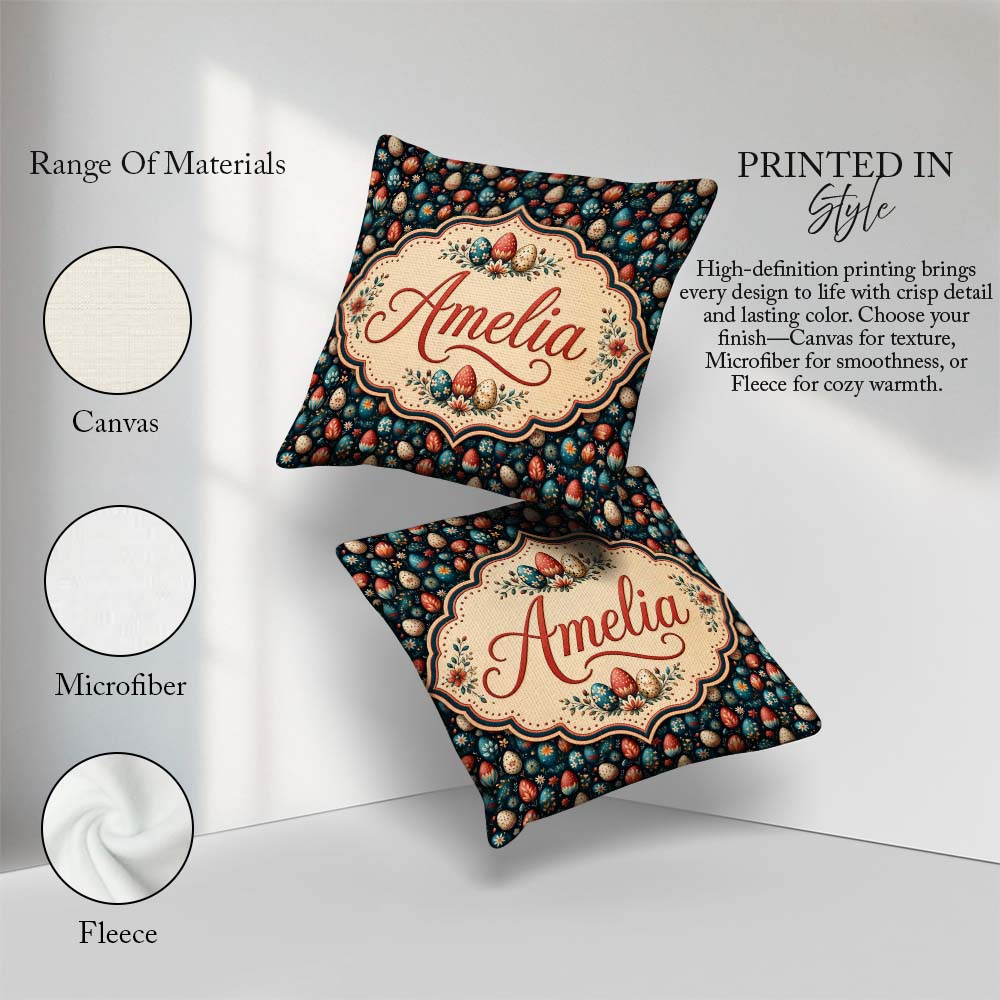 Custom Name Elegant Floral Easter Eggs Botanical Details Pattern Square Filled Cushion Throw Pillow Sofa Bed Home Decor Zip Washable UK Made
