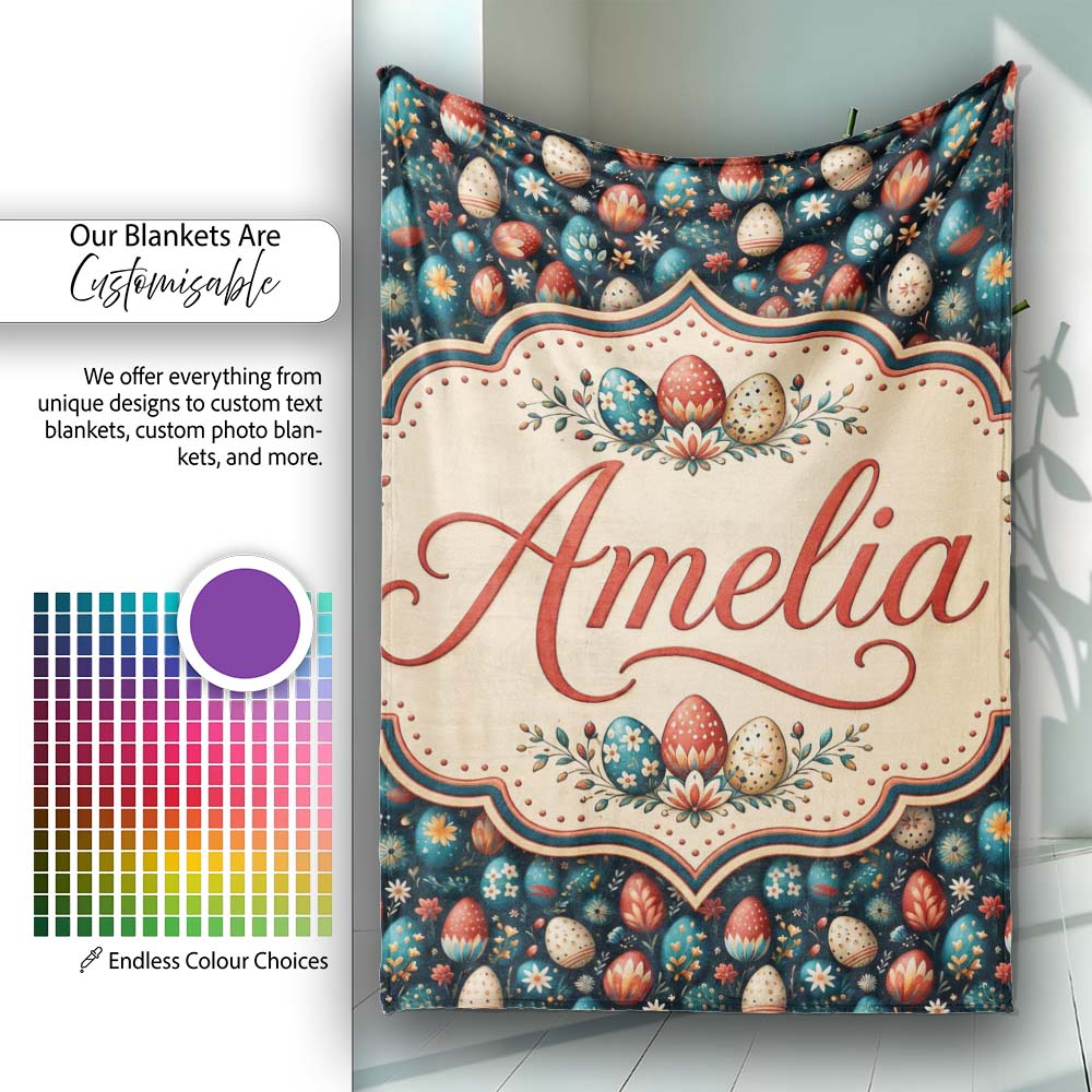 Elegant Floral Easter Eggs with Botanical Details Seamless Pattern Personalised Custom Name Super Soft Fleece Blanket Bed Sofa Throw
