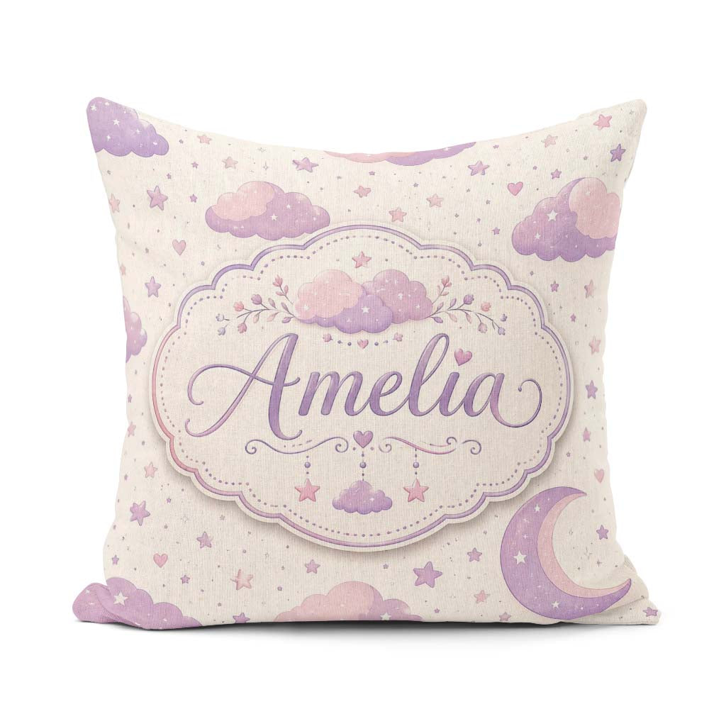 Custom Name Pastel Night Sky with Moon Clouds and Stars Seamless Square Filled Cushion Throw Pillow Sofa Bed Home Decor Zip Washable UK Made
