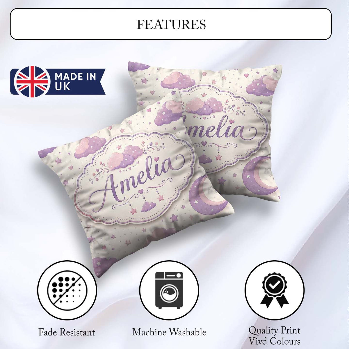 Custom Name Pastel Night Sky with Moon Clouds and Stars Seamless Square Filled Cushion Throw Pillow Sofa Bed Home Decor Zip Washable UK Made