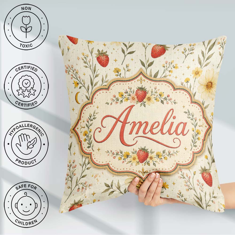 Custom Name Delicate Strawberry and Wildflower Botanical Pattern Square Filled Cushion Throw Pillow Sofa Bed Home Decor Zip Washable UK Made