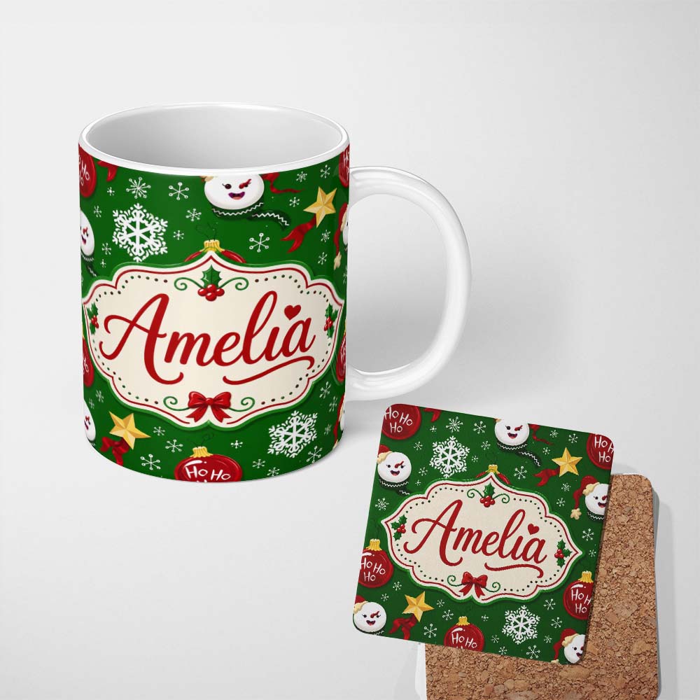 Personalized Custom Name Cute Snowman Ho Ho Baubles Stars Festive Holiday Seamless Pattern 11oz Ceramic Coffee Tea Mug White Large Handle