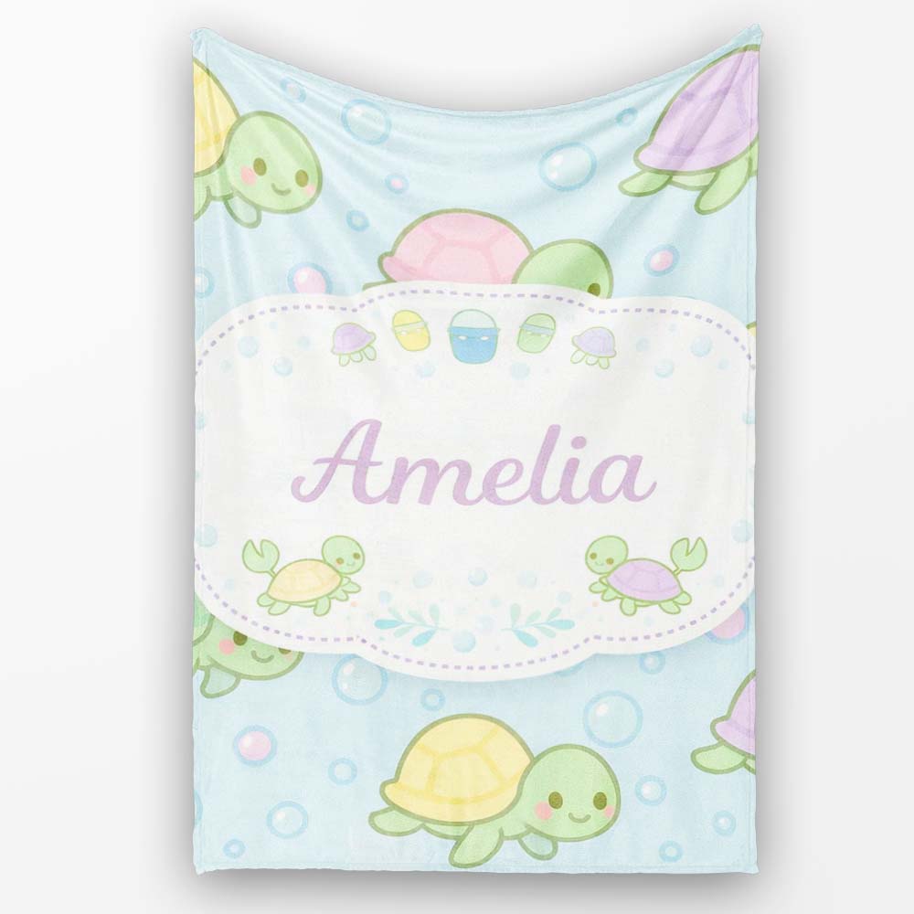 Cute Pastel Turtle Cartoon Animal Ocean Pattern Beautiful Coffee Cup Personalised Custom Name Super Soft Fleece Blanket Bed Sofa Throw