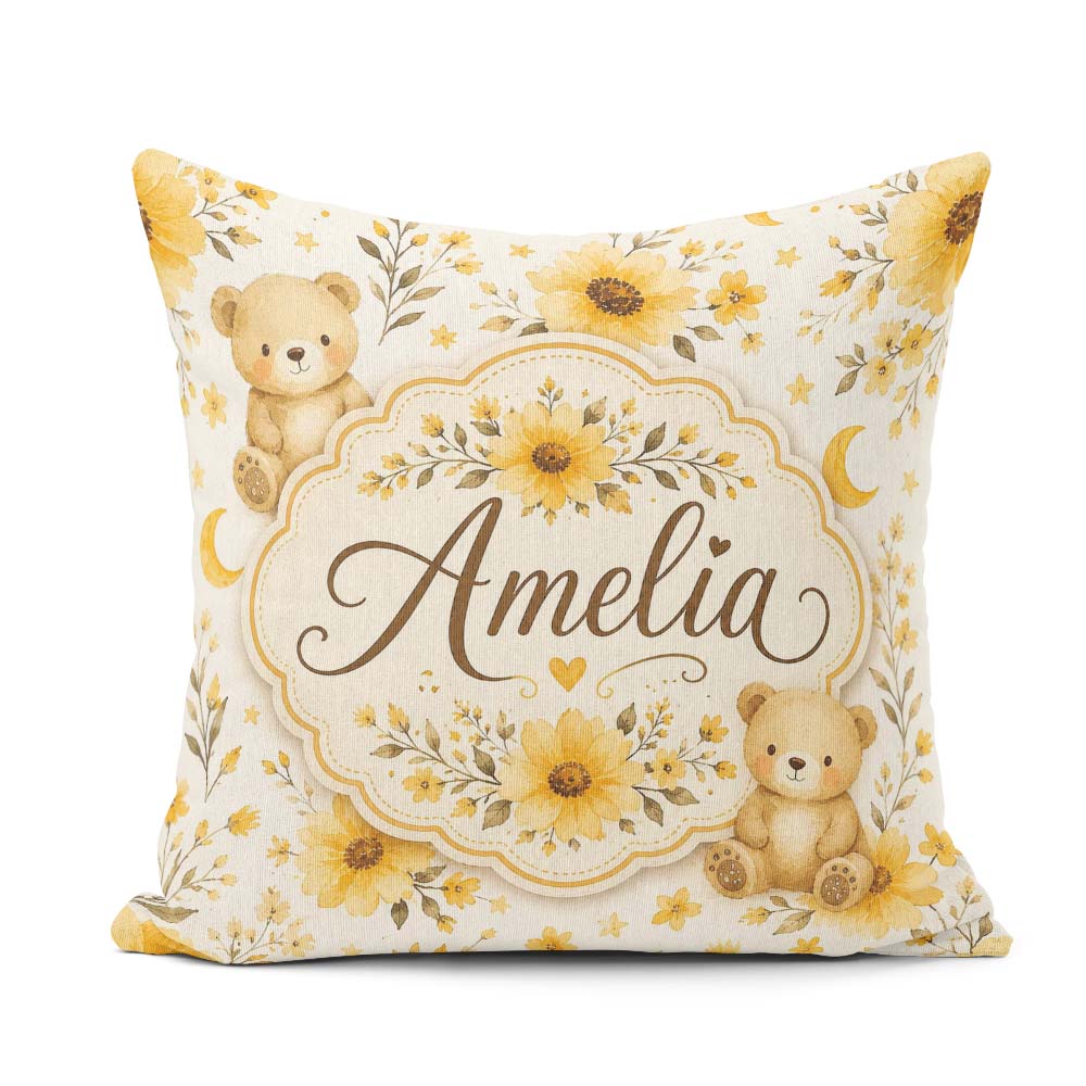 Custom Name Teddy Bears with Yellow Flowers Seamless Pattern Square Filled Cushion Throw Pillow Sofa Bed Home Decor Zip Washable UK Made