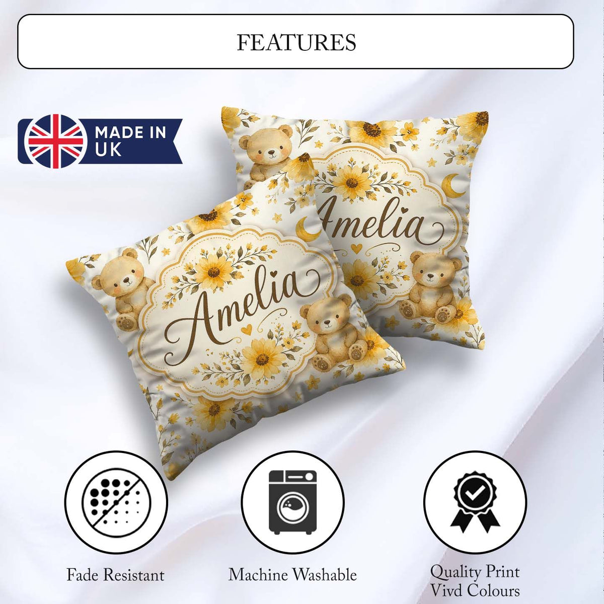 Custom Name Teddy Bears with Yellow Flowers Seamless Pattern Square Filled Cushion Throw Pillow Sofa Bed Home Decor Zip Washable UK Made